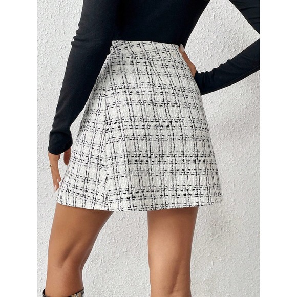 plazacore white Plaid Pattern Pearl Button Tweed mini Skirt - Picture 2 of 2